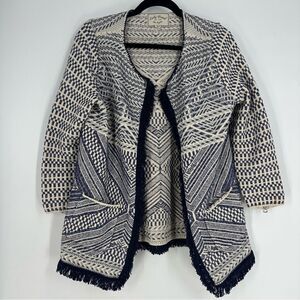 LUCKY BRAND Boho Blue Cream Geometric Knit Fringe Open Cardigan Sweater Sz Large